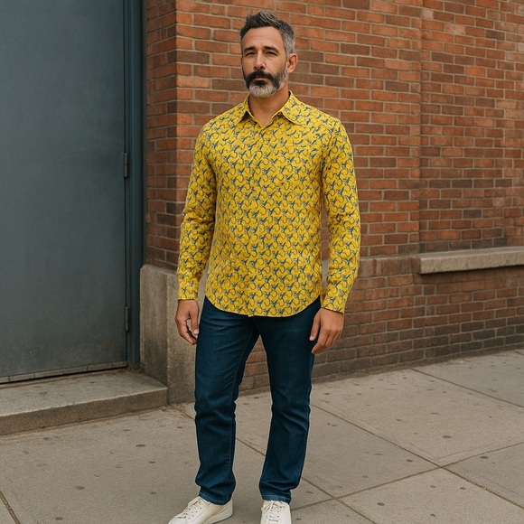 Cotton & Rye Outfitters Men's M Yellow Western Print Long Sleeve Button-Up Shirt - Picture 2 of 5